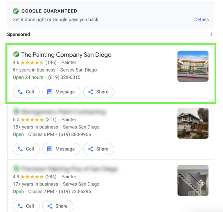 Google Local Service Ads Marketing - the painting company san diego client success