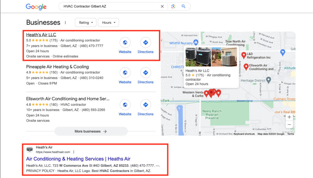 HVAC Contractor google search showing client appearing in search results for Gilbert, AZ