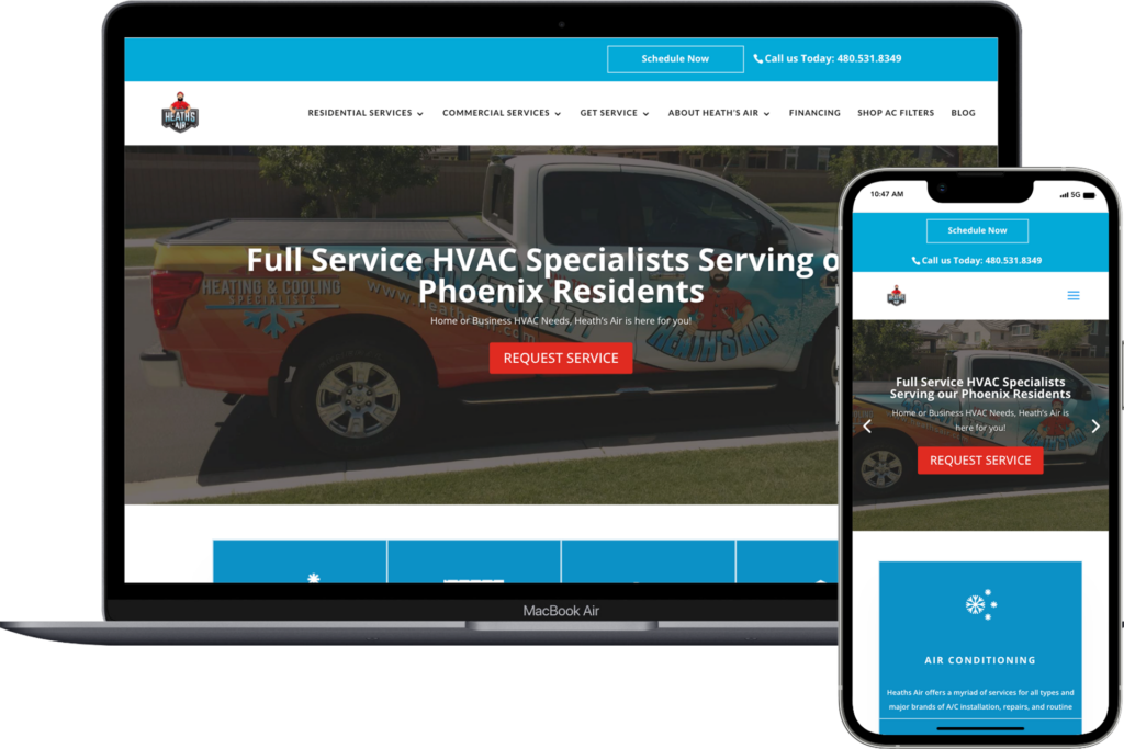 Local HVAC company digital marketing client's website on computer and phone screen