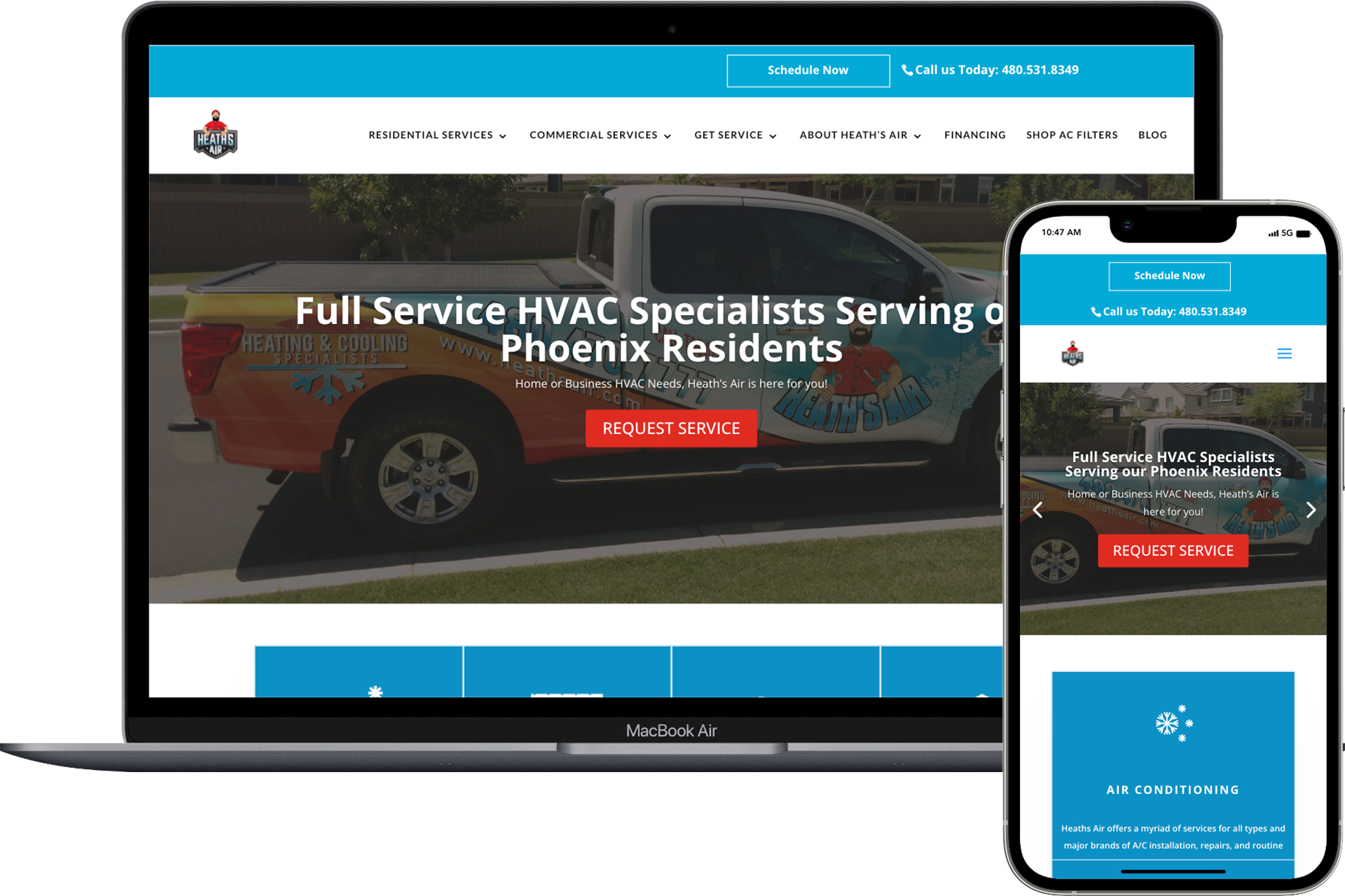 Local HVAC company digital marketing client's website on computer and phone screen