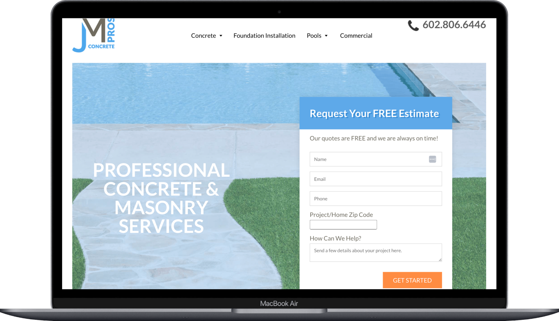 Concrete contractor digital marketing client in Arizona. JM concrete pro's website in macbook device frame