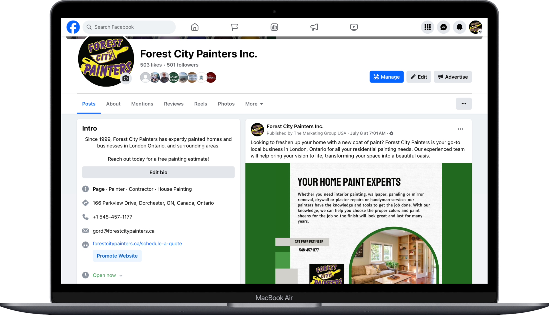 Facebook social media management lead generation from Forest City Painters client