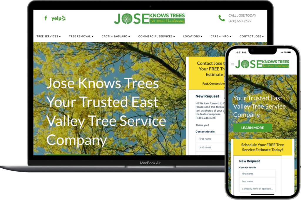 Tree service marketing client's website on laptop and phone view. Jose Knows Trees